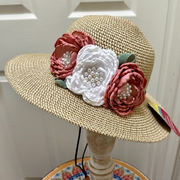 Elegant Women's Tweed Sun Hat With Satin Flowers And Pearls Special Event (NEW) - Picture 15 of 15